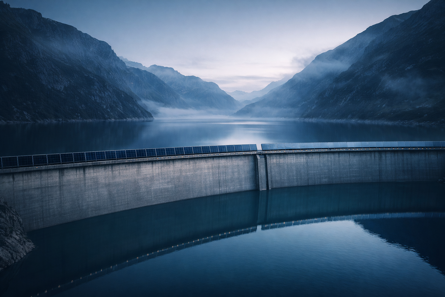 A modern alpine dam at dawn with calm water and subtle solar integration—an engineered boundary that holds under stress