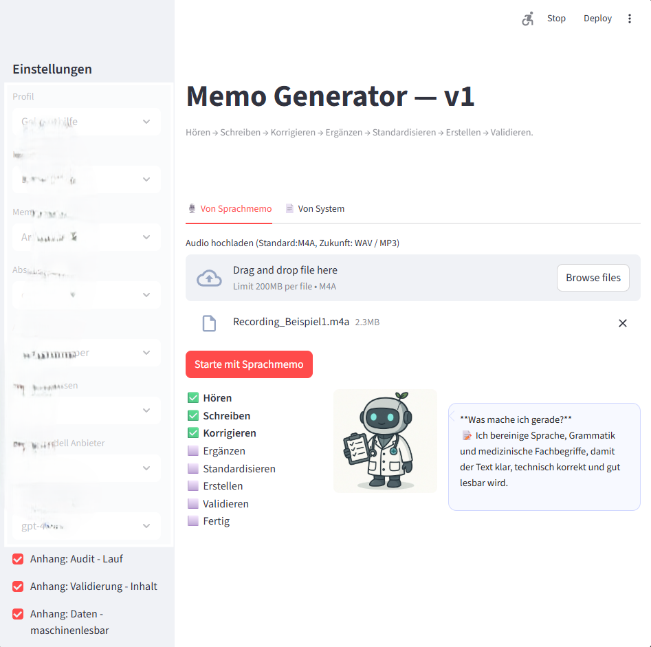 Screenshot of the Memo Generator interface in German